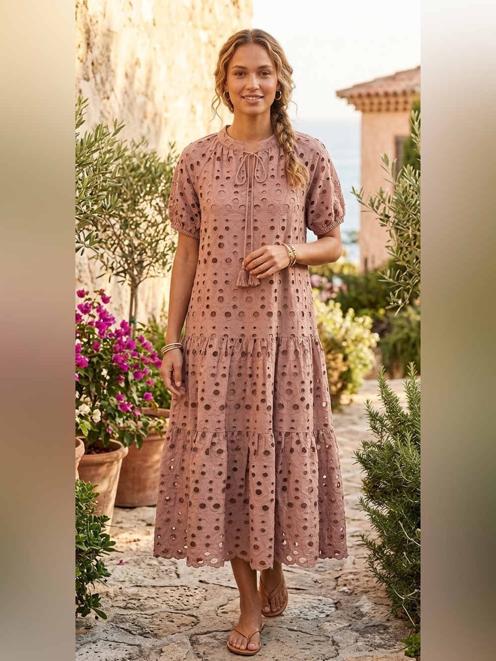Ollari New York /  Eyelet Midi Dress in Terracotta Brown - Sz. S - NWT